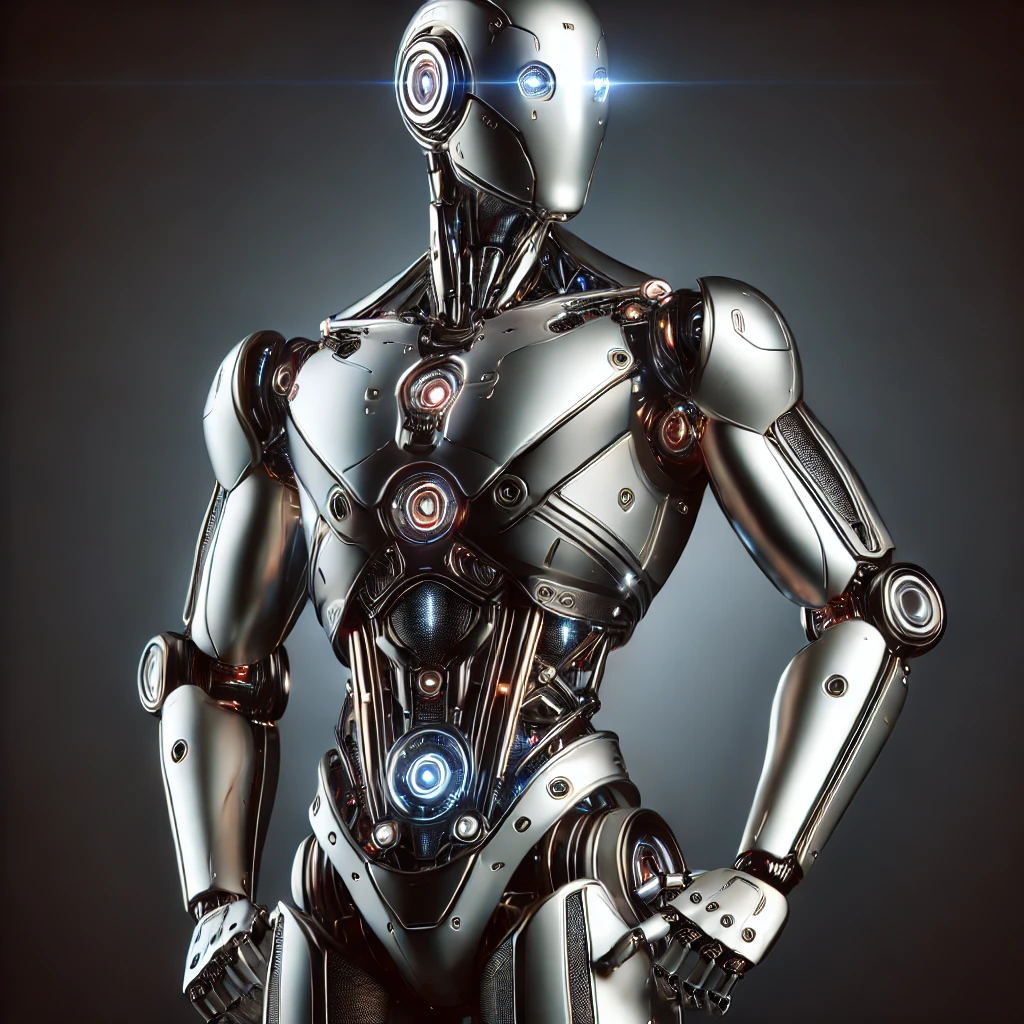DALL·E 2025-02-17 17.11.01 - A futuristic standing robot, designed with sleek metallic surfaces and advanced features. The bot should have a humanoid form, with glowing elements s