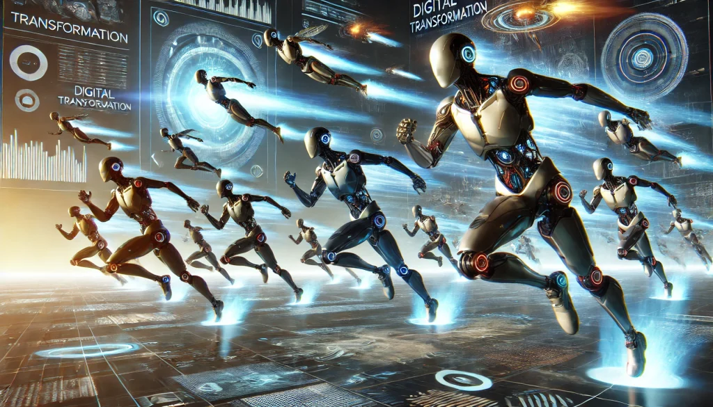 DALL·E 2025-02-17 18.09.30 - A dynamic scene of AI bots rushing towards the goal of Digital Transformation, with some bots flying through the digital landscape. The bots, sleek an