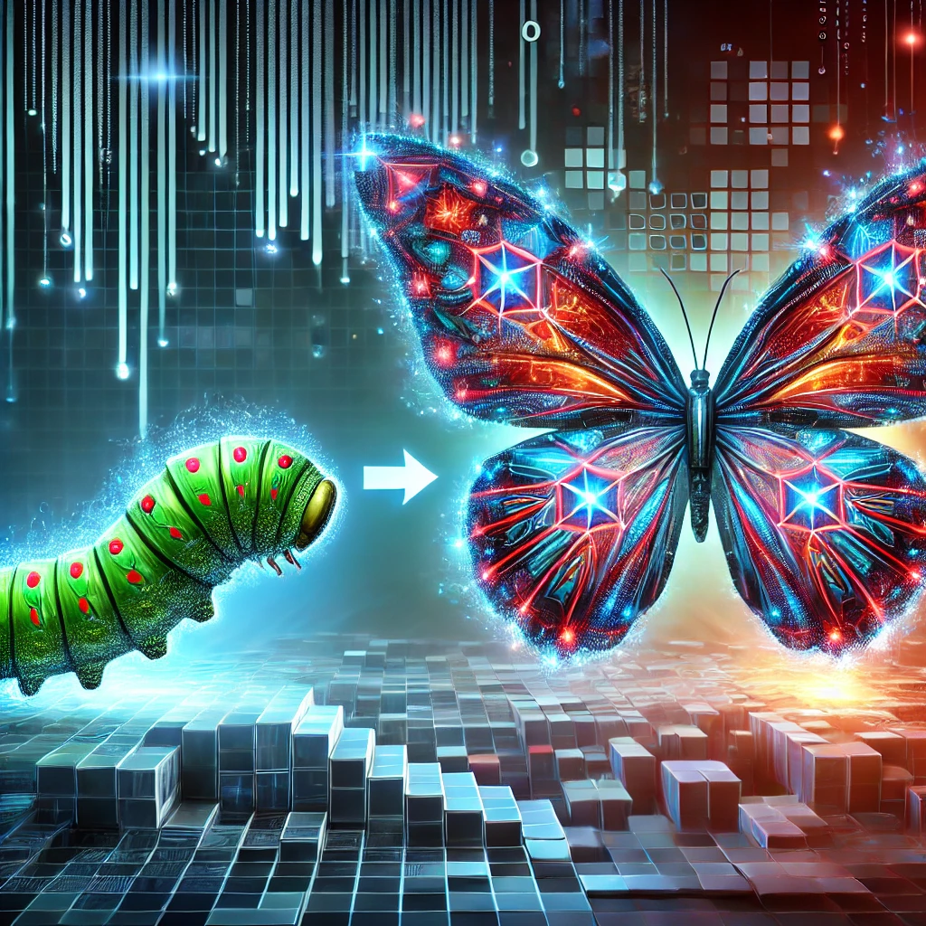 DALL·E 2025-02-18 21.45.49 - A digital caterpillar undergoing a transformation into a larger, more digital butterfly. The caterpillar should be small, made of glowing digital segm
